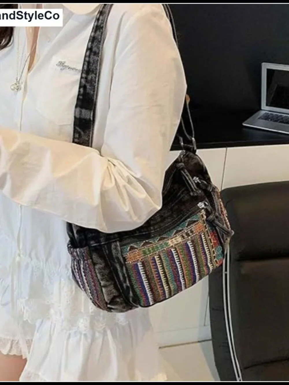 Boho Denim Crossbody Bag with Pockets, Adjustable Strap, Vintage Hippie Purse